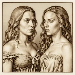 engraving of scarlet johansson and natalie portman, by albrecht durer, tom bagshaw, jean delville, william bouguereau