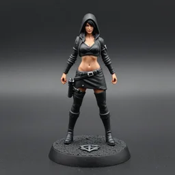 80mm resin detailed miniature of a assassin woman in black, face, stomach, navel, boots, Logo, textured disc base; Product Introduction Photos, 4K, view from front