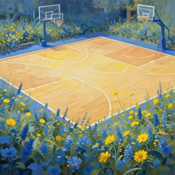 a basketball court, with blue and yellow flowers, trending on artstation, cinematic, 8k uhd, painting