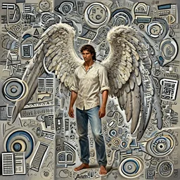 character concept art of a handsome male angel, Middle-Western ethnicity. Clean-shaven, hair in a ponytail. Shirt, jeans and barefoot. Distant full-body view. Digital painting, concept art, smooth, sharp focus, illustration, by Ruan Jia and Mandy Jurgens and Artgerm and William-Adolphe Bouguereau