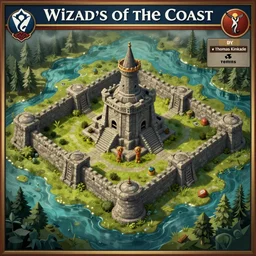 RPG battlemap of a stone fort sitting above a swamp, by wizards of the coast, by thomas kinkade