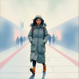 illustration of a woman walking wearing a puffy anorak by shusei nagaoka kaws, david rudnick, airbrush on canvas, pastell colors, cell shaded