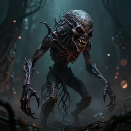 nightmare creature with teeth, long roots, in the style of necronomicon, giger, volumetric light, bokeh, creepy, dramatic, unreal engine, dark, photoreal, artstation