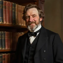portrait of a smiling middle aged victorian gentleman wearing a dark suit, happy, standing beside a bookcase, detailed face, 1 9 th century, highly detailed, cinematic lighting, digital art painting by greg rutkowski