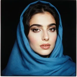 an award winning cooke 8 5 mm f / 1. 2 lens close - up portrait photograph of a beautiful glamorous young lebanese woman with blue shawl shot by richard avedon styled by alphonse mucha, lomography color 4 0 0 film stock, low - key studio lighting,