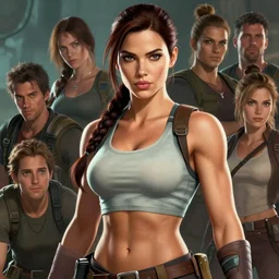 portrait of a beautiful very muscular lara croft with plump lips, elegant, fantasy, hd shot, digital portrait, beautiful, artstation, comic style, by artgerm, guy denning, jakub rozalski, magali villeneuve and charlie bowater