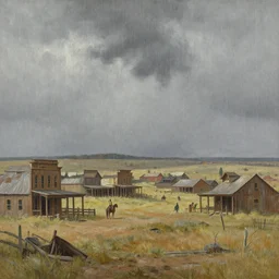 greg manchess painting of a wild west abandoned town landscape with no person nor horse in the painting only buildings in the year 1 8 5 0, nobody living there, raining with grey sky, painting, trending on artstation, by huang guangjian and gil elvgren and sachin teng
