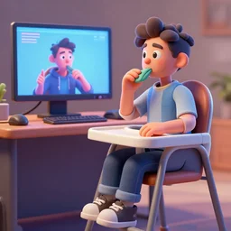 postmodern era, social media age, a person sits in a high chair staring delectably, a human moderator chewing on the arbitrary egregore of their community group, art depicting control freak, trending, rendered in eevee, blender 3 d