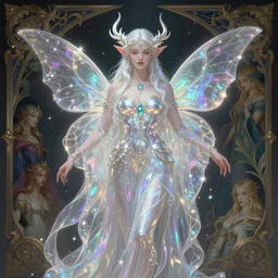 fairy mage sorceress necromancer druid, iridescent and pearly, diaphanous, refraction, dnd, hearthstone, league of legends, by brom and artgerm and greg rutkowski and ruan jia and conrad roset and mucha,