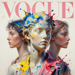 3 d, marble head of fashion model, paint splatters, blue and yellow and red paint splash, paint drops whirling in the air, liquid white and pink metal, sun, vogue cover style, poster art, high detail, intricate oil painting, multiple exposure, stanley kubrick mood, hyperrealism, 3 d, by tooth wu and wlop and beeple and greg rutkowski