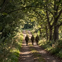 landscape photograph of WWI soldiers walking down a forested country path.