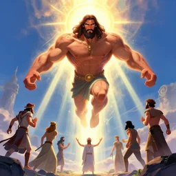 shia labeouf as a muscular jesus on steroids decending from heaven during ragnarok, holy rays of spiritual light, worship, pixar style, shaded lighting poster by magali villeneuve, artgerm, jeremy lipkin and michael garmash, rob rey and kentaro miura style, trending on art station