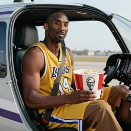 Kobe Bryant sitting in a helicopter cockpit and holding a KFC bucket, hyper detailed, 8k resolution