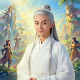 portrait painting of a 6 0 year old kind handsome taoist priest, silver ponytail hair, amiable by yangjun chen, huang guangjian, fenghua zhong, wenjun lin, nadar, bright colors, octopath traveler, unreal engine 5 highly rendered, global illumination, radiant light, detailed and intricate environment