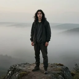 wanderer above the sea of fog by caspar david friedrich, shoulders long black hair, teenager, highly detailed, one! full body single portrait