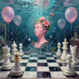 David Friedrich, giant marble chess pieces, gold rings, liminal spaces, party balloons, checkered pattern, mirrors, David Friedrich, award winning masterpiece with incredible details, Zhang Kechun, a surreal vaporwave vaporwave vaporwave vaporwave vaporwave painting by Thomas Cole of an old pink mannequin head with flowers growing out, sinking underwater, highly detailed, computer glitch