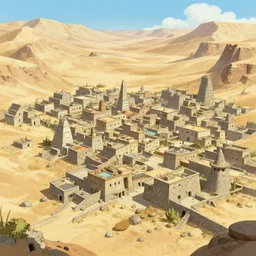 large town village built in a desert valley, high fantasy, digital illustration, bright lighting, stone, concrete, wide shot, architectural concept, particles, sandy, trending artstation, concept art, warm, art by sebastian luca, oliver beck, wlop, studio ghibli