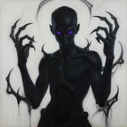 a dark human entity with deep purple eyes, a man completely dark, no color, with black magic powers, ultra realistic, 8 k, organic painting, matte painting, bold shapes, hard edges, street art, trending on artstation, by huang guangjian, gil elvgren, ruan jia, randy vargas, greg rutkowski