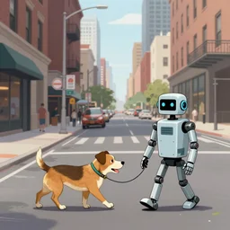 a dog walking a robot on a inner city urban street set in the late 2 1 2 2 one hundred years of agi, caricature styling by jack davis