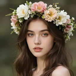 beautiful woman wearing a flower crown, realistic, 8 k, extremely detailed, cgi, trending on artstation, hyper - realistic render, 4 k hd wallpaper, premium prints available, by greg rutkowski