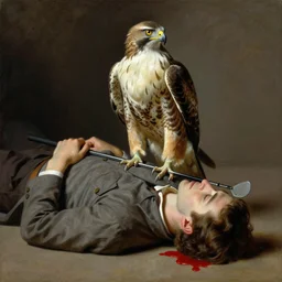 painting of a hawk sits next a man lying on the floor with a golf club in his hand and pool of red liquid by his head by emile friant