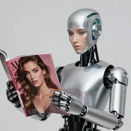 realistic portrait of a silver robot is holding a fashion magazine in hand and the magazine's page displays victoria's secret model in detail and the robot's head is partially moprhed into a copy of the model's face, realistic, 4 k