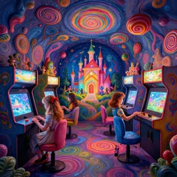 photo of arcade hall : 4 bioillumination ray tracing hdr : 2 0 0 in matte painting whimsical fairy wonderland vibrant colors candyland wonderland gouache swirls detailed : 2 by beatrix potter : 3 daniela uhlig and jamie hewlett : 6