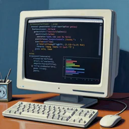 Code, graphs and research at the old computer screen. 4k high detailed painting in Pop art style.