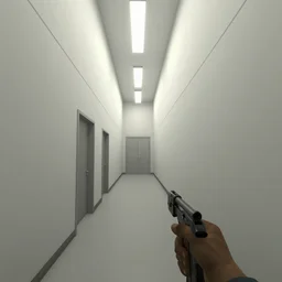 screenshot of a first person shooter game on unreal engine 5, narrow modern hallways of a government office facility with white dry wall, photorealistic, retrofuturism, concept art, trending on artstation