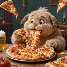 hyper realistic derpy looking big chungus eating greasy pizza, pizza is everywhere, weird, strange, bizarre, surreal, epic composition, 2 0 0 mm focal length, painted by donato giancola, tim hildebrandt, wayne barlow, bruce pennington, larry elmore, insanely quality, highly detailed, masterpiece, artstation, 4 k