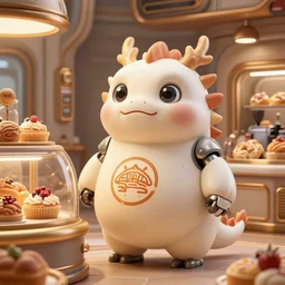 cute scene inside a sci - fi bakery, a robot with camera lens eyes and a body in the shape of a cute fat obese dragon with scuffed pastry logo on it's round belly selling pastries, intricate, highly detailed, artstation, concept art, smooth, sharp focus, art by artgerm and greg rutkowski
