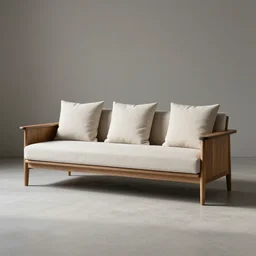 wooden sofa, square cushions, studio lighting, scandinavian design, minimalist