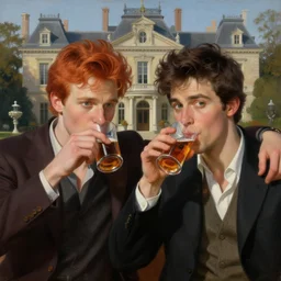 attractive male mike with ginger hair with attractive male tyler with brunet hair, drinking their hearts out, in their noble mansion. highly defined painting, highly detailed painting by gaston bussiere, craig mullins, donato giancola 8 k