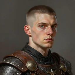 lanky young half - orc warrior wearing leather cuirass, buzzcut, portrait, highly detailed, headshot, digital painting, trending on artstation, sharp focus, illustration, art by greg rutkowski