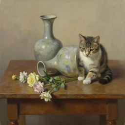 a cat, a fallen vase on the table, fallen flowers, oil on canvas,