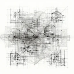 Abstract generative art made from layers of technical drawings and architectural plans