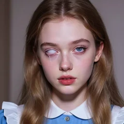 lazy eye melting hyper realistic photograph of pretty girl, lighting alice in wonderland, dj sura face, ilya kuvshinov