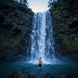 highly detailed wide angle profesional photo of a man bathing in waterfall from mountains at the time of evening, award winning photography, vibrant cool colors, art by greg rutsowski, concept art, 8 k detail post - processing