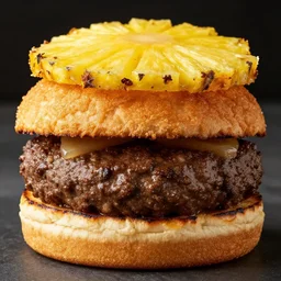 juicy hamburger with crispy buns with pineapple topping, 8 k resolution, food photography, studio lighting, sharp focus, hyper - detailed