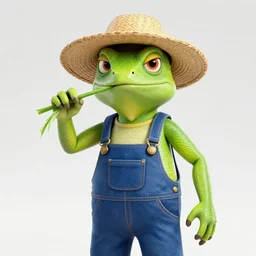 Lizard Man wearing overalls, a straw hat and chewing on a long piece of grass, with dangerous look in his face, and sickle in his hand, D&D Character Head Portrait, Digital Art, Detailed, Trending on Artstation