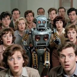 in the style of 1960s, A scary robot is running after a bunch of scared adults ,with fully detailed faces,  fully detailed , faces in focus ,4k ,HD