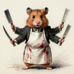 an immortal dead hamster in a butcher's suit with an evil face, in an apron covered in blood, holding cleavers in his hands. the hamster has 4 arms. front view. old painting sketch