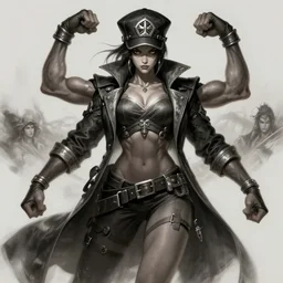 a highly detailed illustration of fierce one armed japanese woman wearing long jacket and delinquent cap, dramatic power pose, muscular, art by artgerm and greg rutowski and ilya kuvshinov, intricate, elegant, highly detailed, centered, digital painting, artstation, concept art, smooth, sharp focus, league of legends concept art, wlop.