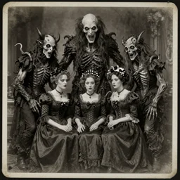 vintage photograph monochrome plate, portrait of grotesque lovecraftian god monsters posing with monstrous mutant victorian family of demonic cenobite people, distressed old photo, deteriorating, grunge, antique, slight sepia tone, horror, madness