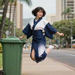 portrait of an Italian Japanese young woman school with short hair wearing a navy and white sepuku uniform and jumping outside a green trashbin in Kalakaua avenue in Waikiki, intricate, elegant, highly detailed, centered, digital painting, artstation, concept art, smooth, sharp focus, illustration, by Peter Mohrbacher, WLOP