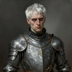 portrait painting of a sarcastic man with short white hair wearing grey pelt gambeson, early 3 0 s. ultra realistic, concept art, intricate details, eerie, highly detailed, photorealistic, octane render, 8 k, unreal engine. art by artgerm and greg rutkowski and charlie bowater and magali villeneuve and alphonse mucha