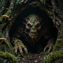 cave in forest, a face peeking out of a dark cave, a extremely scary horror photograph of a fantasy creature made out of nature and fungus, intricate, hyperrealism, sharp focus, cinematography, highly detailed, octane render, horror cgi 4 k, matte, photograph by professional photographer