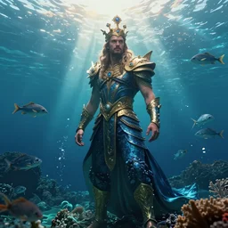a beautiful sea king controlling the ocean and animals, island, cinematic, film still