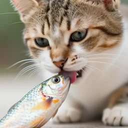 A kitten licking a fish, close-up photography, macro photography, HD