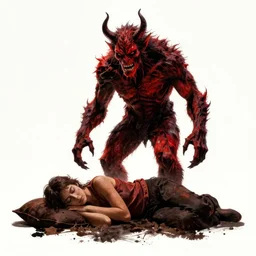 a demonic monster stand s over a sleeping person. 1 9 8 0's horror movie poster